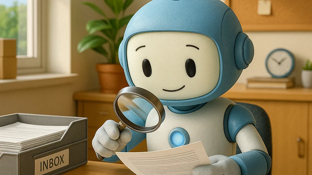 A blue cartoon robot examining a document with a magnifying glass next to an inbox tray