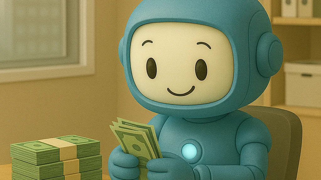 A blue cartoon robot sitting at a desk counting stacks of cash