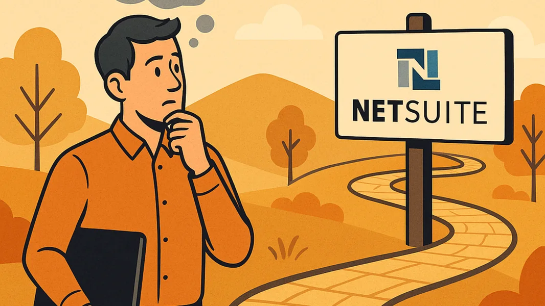 A person standing thoughtfully at a crossroads looking at a NetSuite road sign