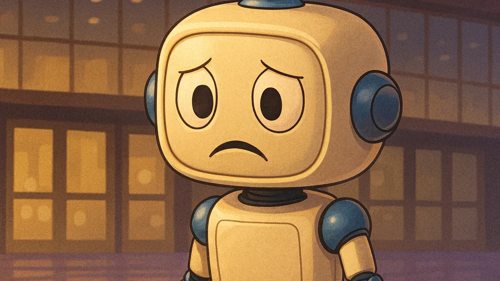A sad cartoon robot with a worried expression