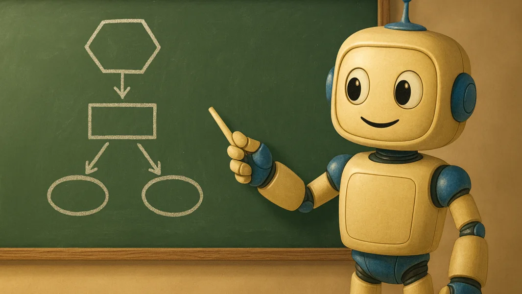 A cartoon robot pointing at a flowchart on a chalkboard