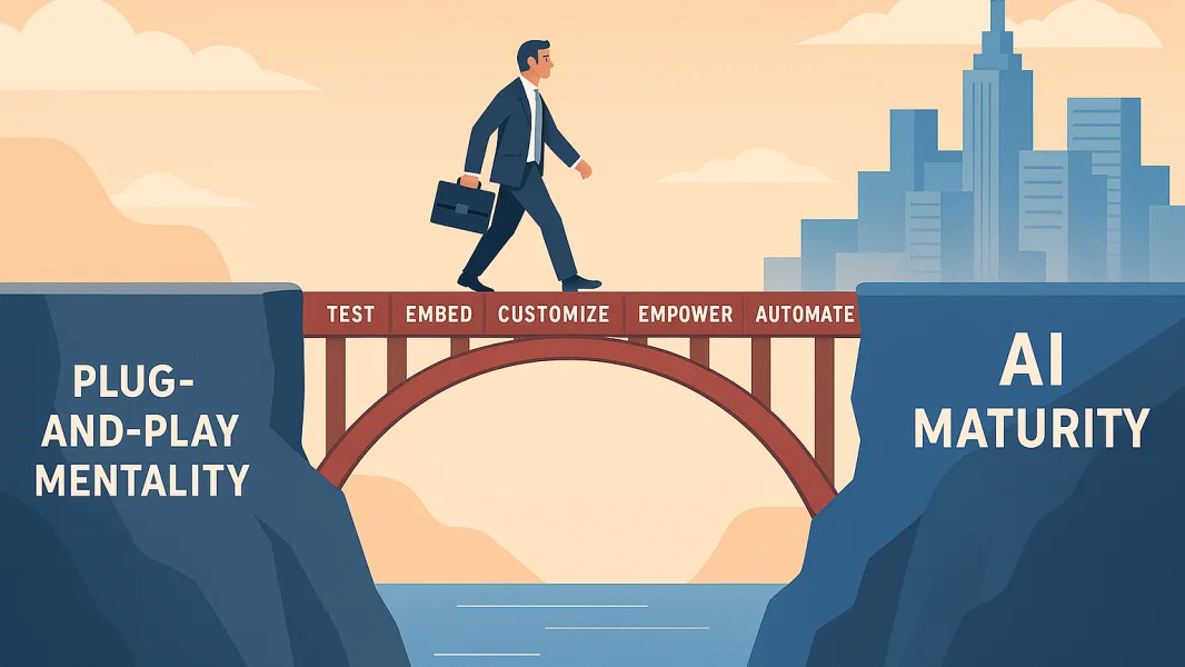 A person walking across a bridge from plug-and-play mentality toward AI maturity