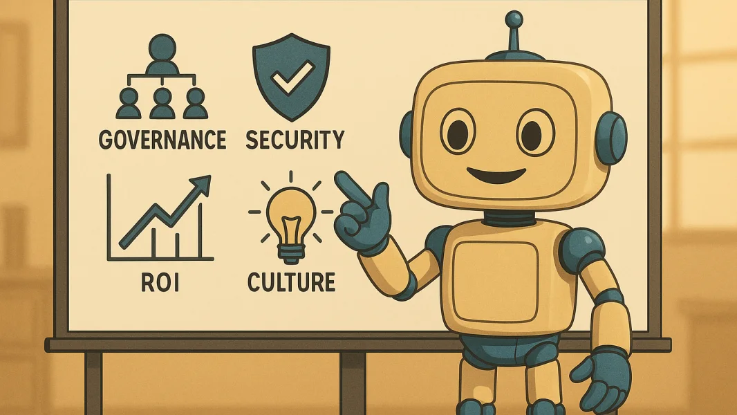 A cartoon robot presenting governance, security, ROI, and culture concepts on a whiteboard