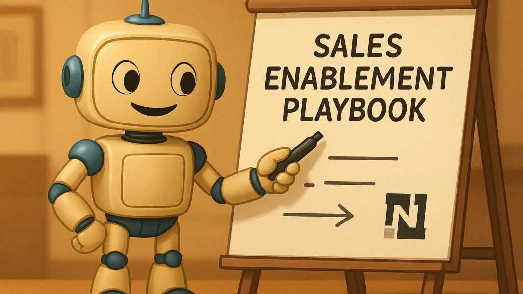 A cartoon robot pointing at a Sales Enablement Playbook on an easel