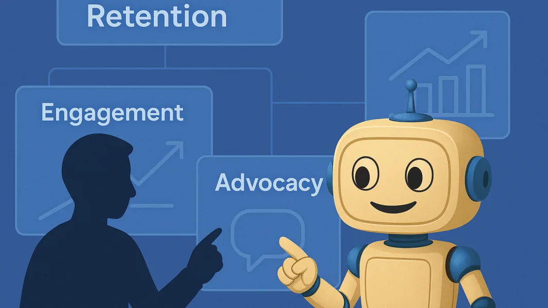 A cartoon robot presenting retention, engagement, and advocacy concepts to a person