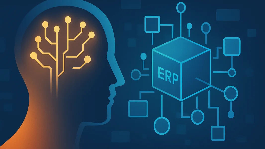 A glowing brain with neural network connections alongside an ERP cube with connected nodes