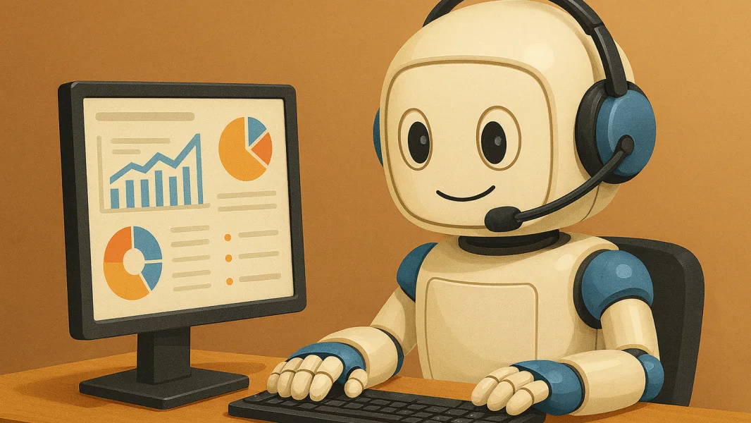 A cartoon robot wearing a headset sitting at a desk with charts displayed on screen