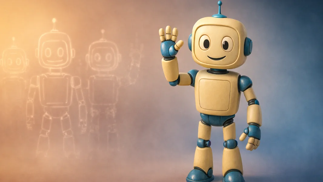 A cartoon robot waving in the foreground with shadow robots behind it