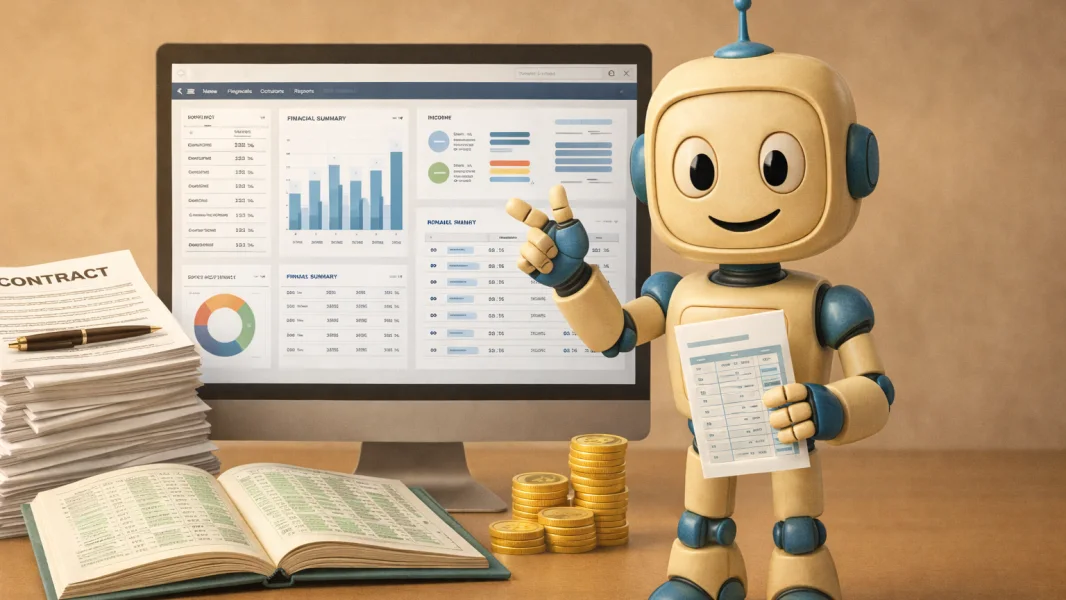A cartoon robot holding a financial document next to a monitor displaying charts and graphs