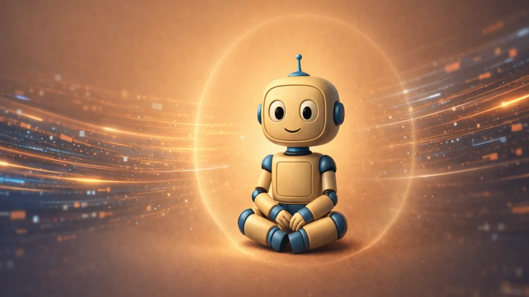 A cartoon robot sitting in a meditative pose surrounded by a warm glowing aura