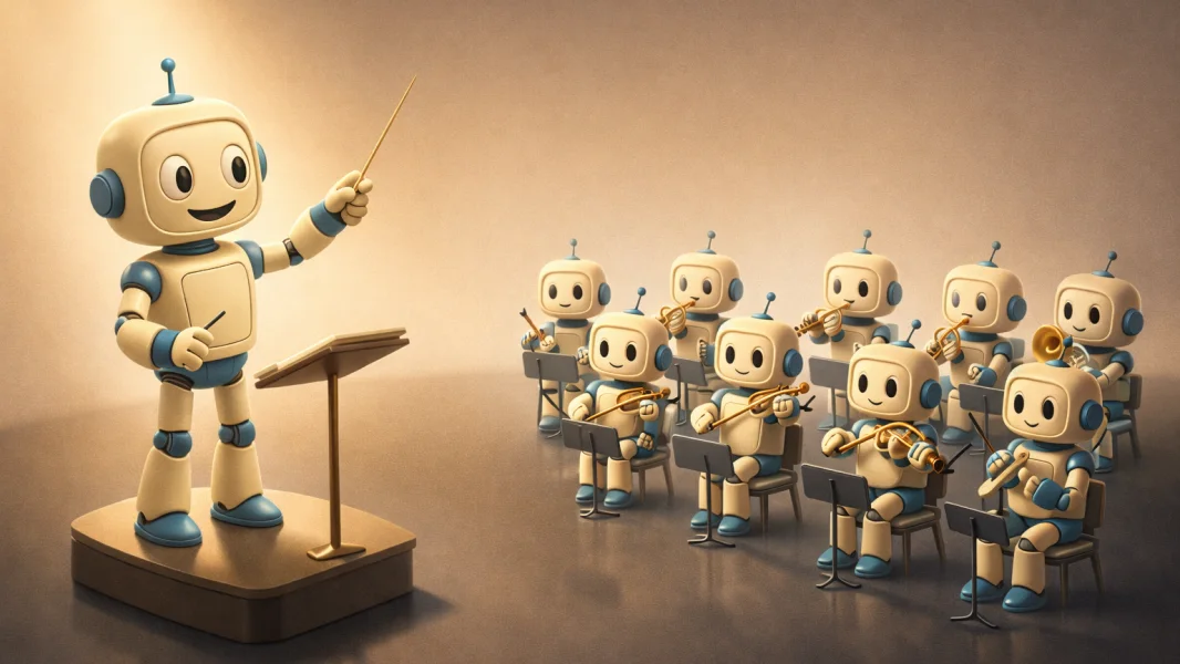 A cartoon robot conductor leading a team of smaller robots seated at desks