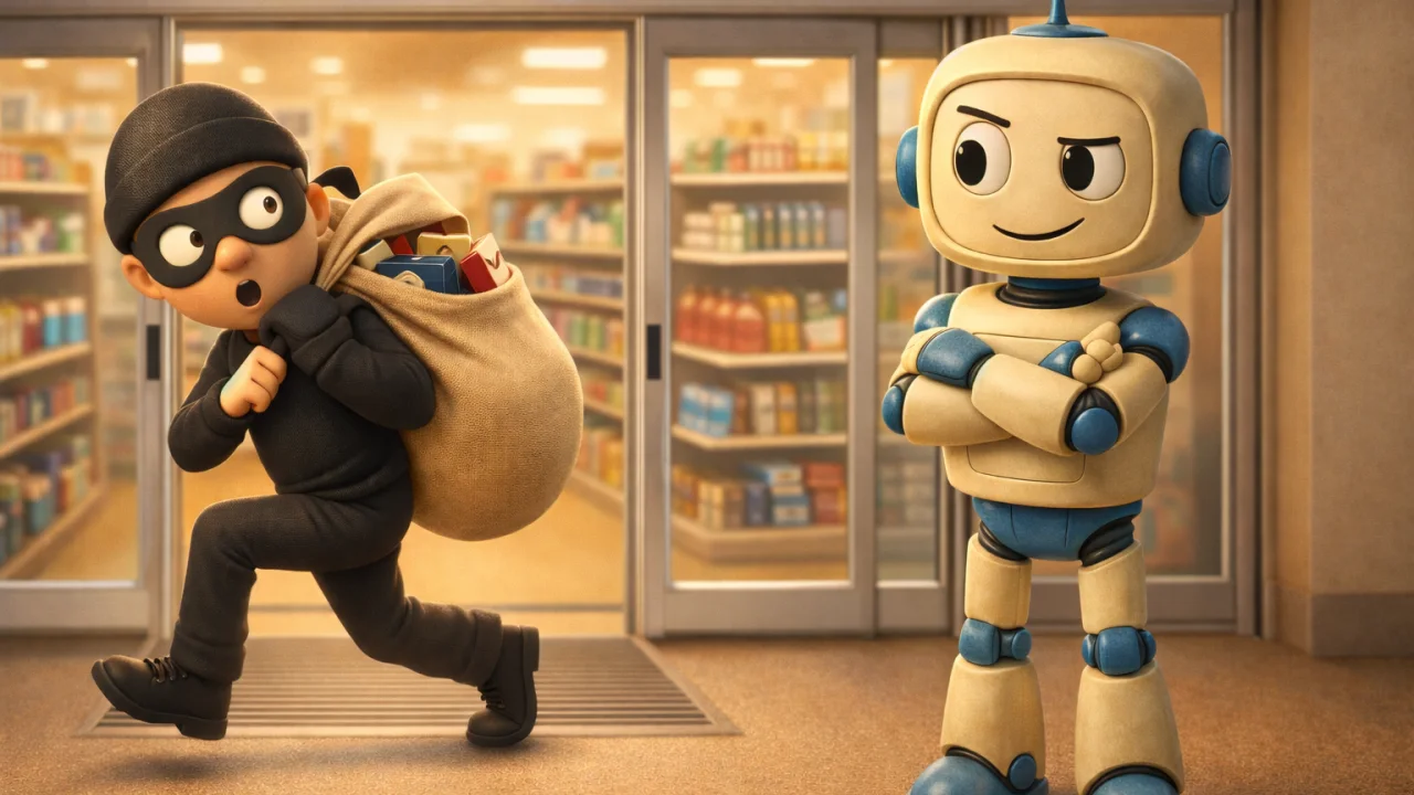 AI-powered loss prevention: a cartoon robot security guard watches as a burglar attempts to leave a store