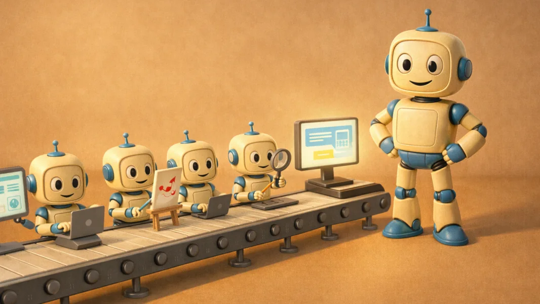 Building an AI team: cartoon robots lined up on an assembly line with a larger robot supervising