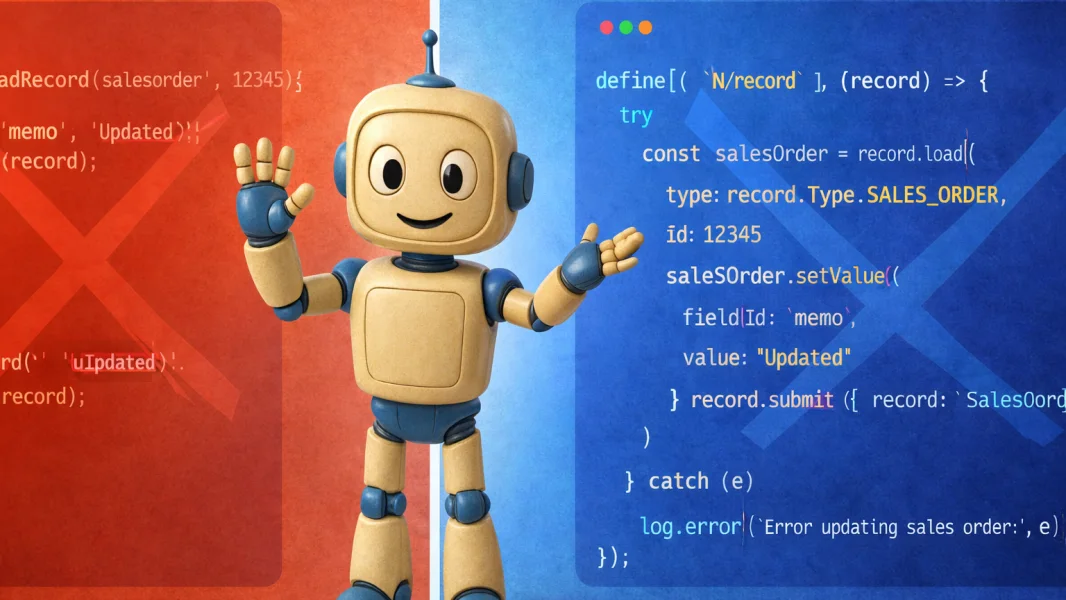 AI-powered SuiteScript developer: a cartoon robot standing in front of SuiteScript code