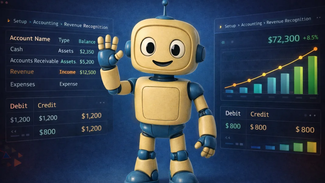 AI-powered NetSuite finance consultant: a cartoon robot waving in front of accounting dashboards and financial reports