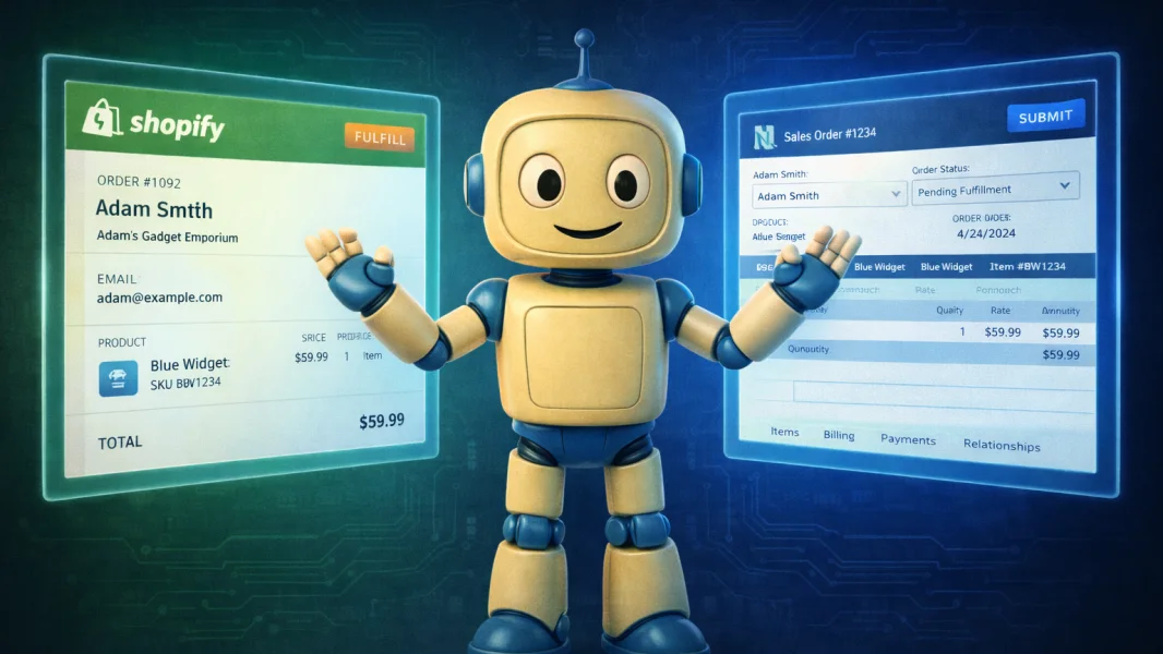 Virtual SuiteScript developer: a cartoon robot standing between Shopify and NetSuite screens