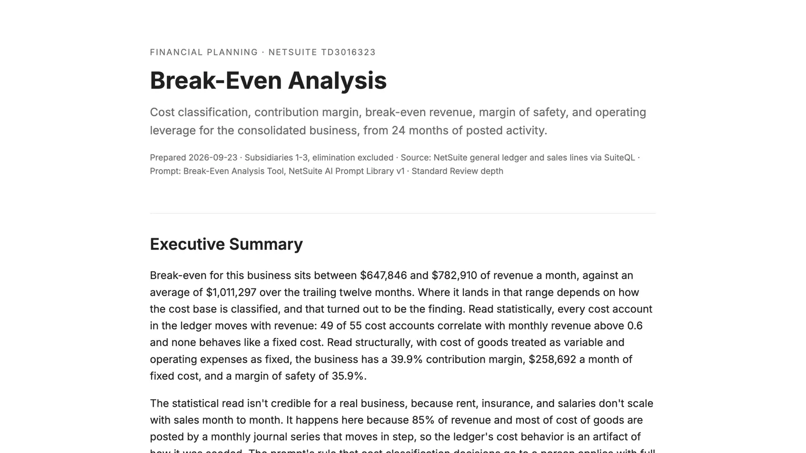 The top of the Break-Even Analysis report: break-even revenue of $647,846 a month, a 39.9 percent contribution margin, a 35.9 percent margin of safety, and operating leverage of 2.78
