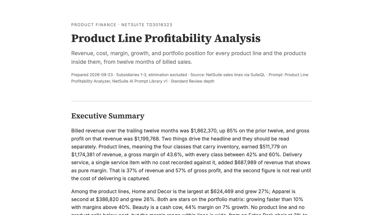 The top of the Product Line Profitability report: billed revenue of $1.86 million, product gross margin of 43.6 percent, delivery service at 37 percent of revenue with no cost captured, and two of four product lines rated stars