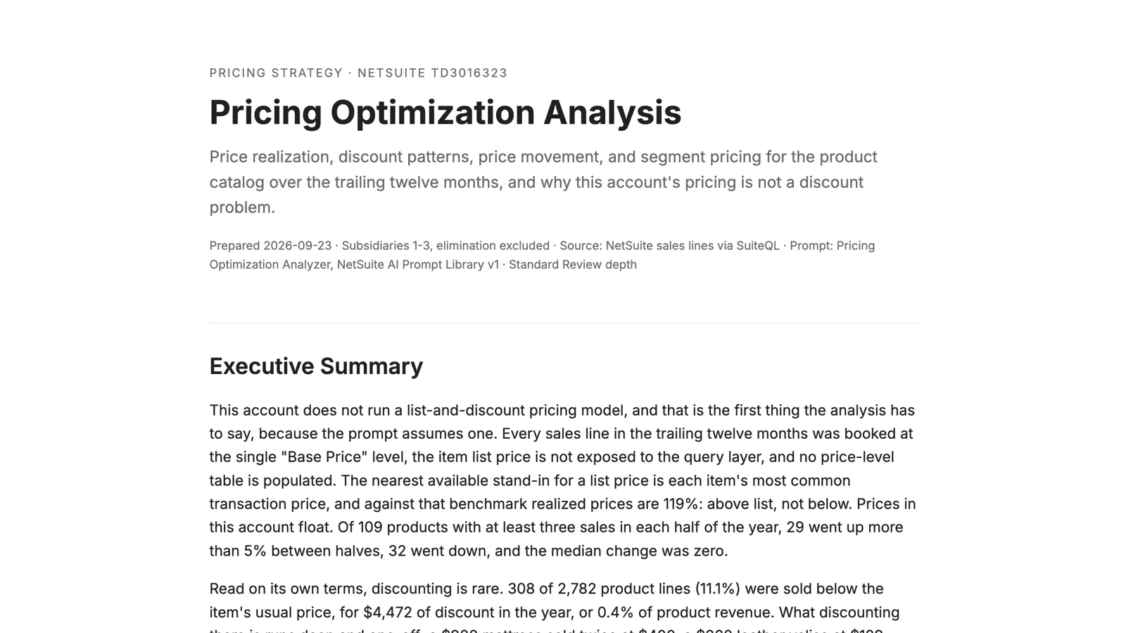 The top of the Pricing Optimization report: realized prices at 119 percent of each item's usual price, 11.1 percent of lines below the usual price, $4,472 of discount dollars in the year, and a 43.6 percent product gross margin