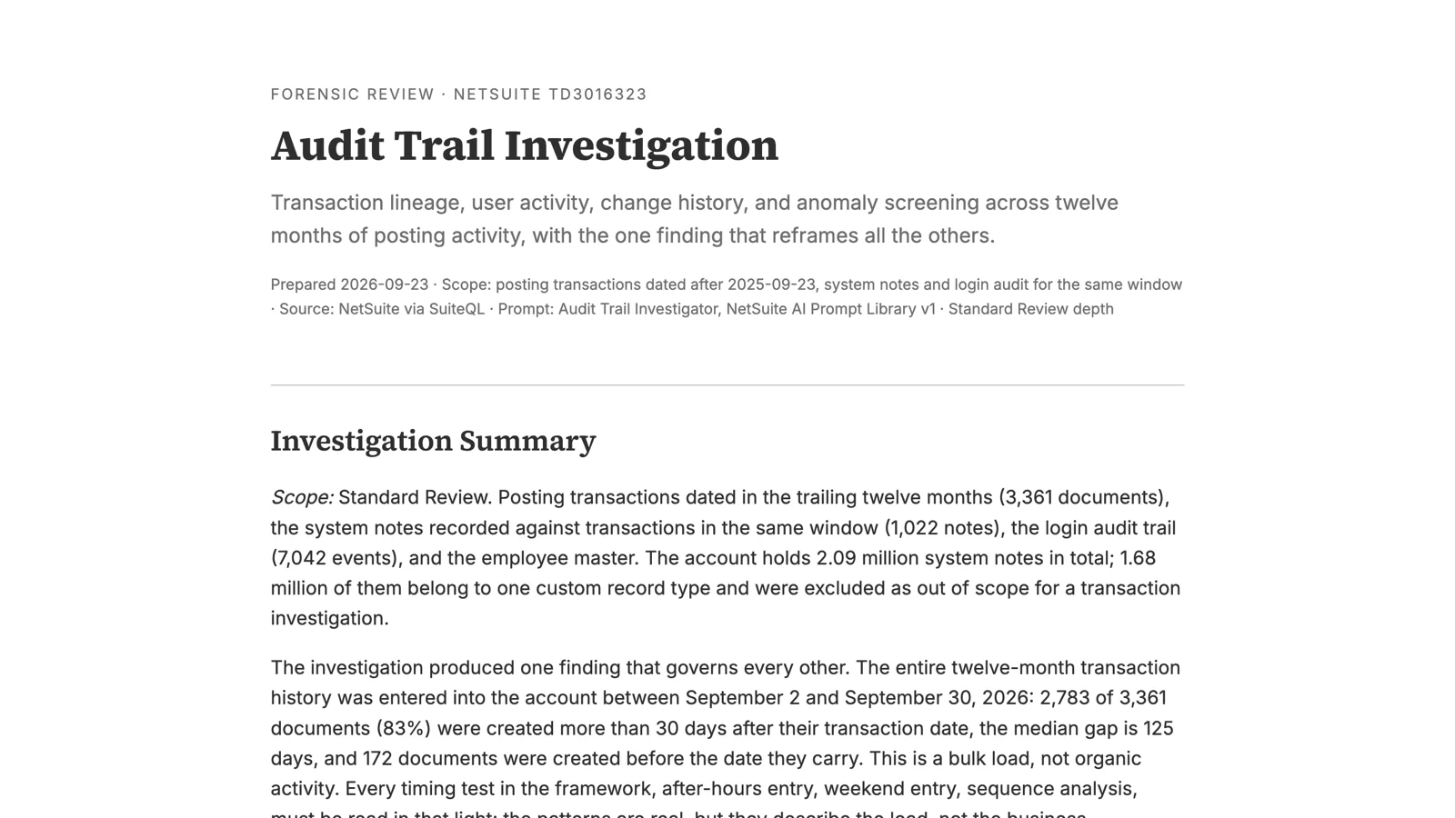 The top of the Audit Trail Investigation report: 3,361 documents in scope, 98 percent without a creator, 83 percent entered more than 30 days after their date, and 45 possible duplicates