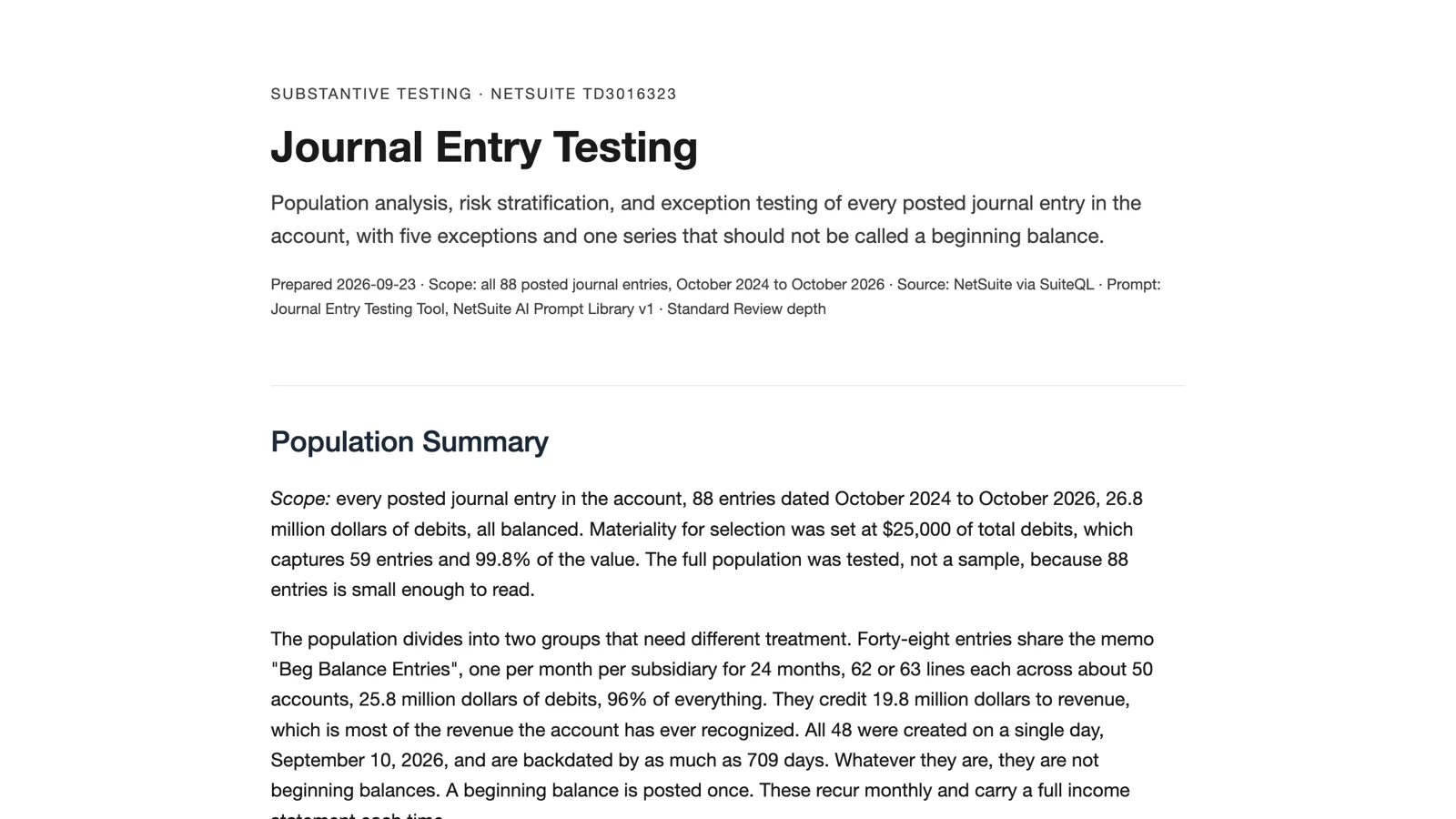 The top of the Journal Entry Testing report: 88 entries, a beginning-balance series carrying 96 percent of debits, 79 entries without a preparer, and five exceptions