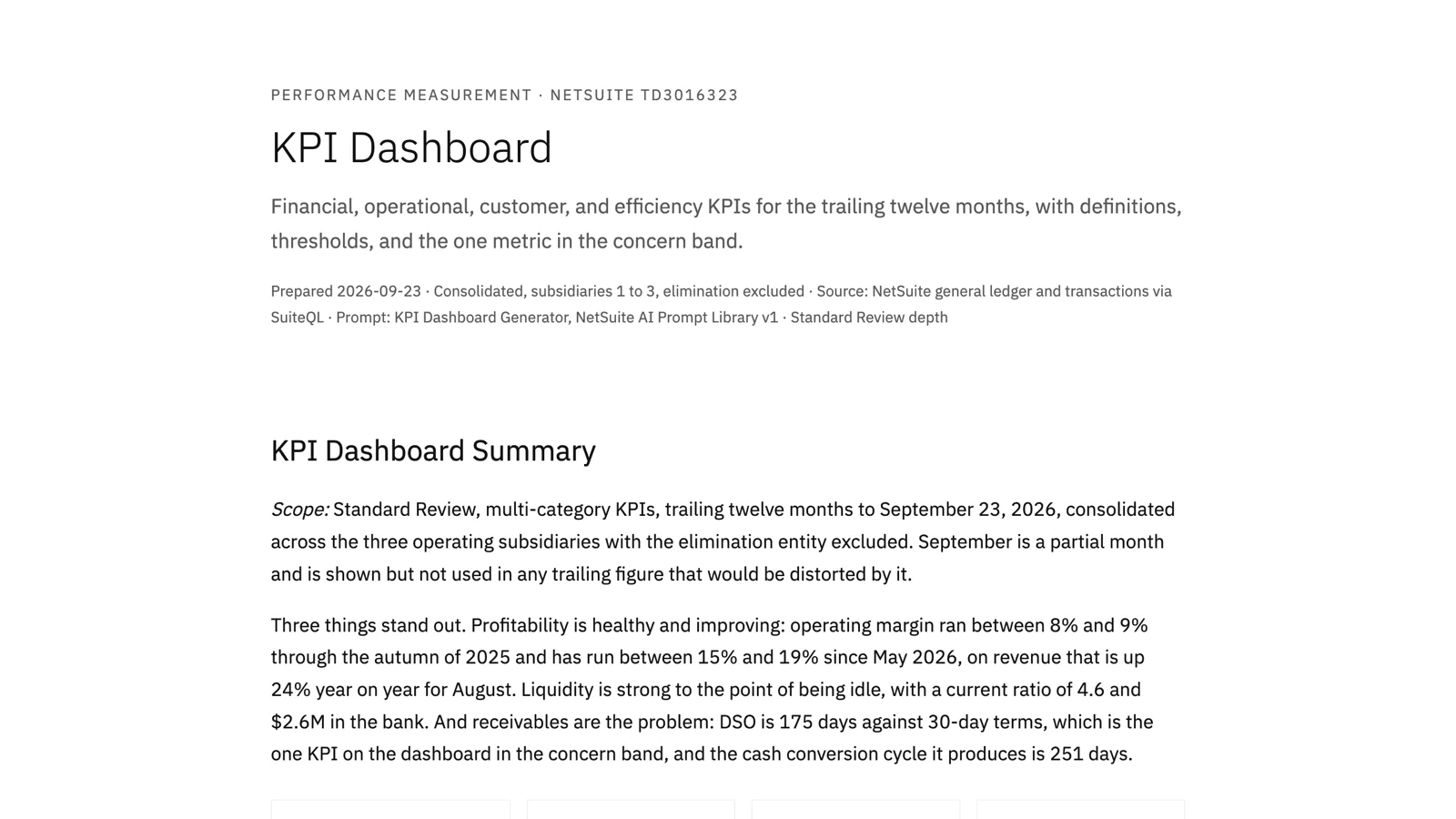 The top of the KPI Dashboard report: trailing twelve-month revenue of 12.2 million dollars, gross margin 39.5 percent, operating margin 13.4 percent, and DSO of 175 days