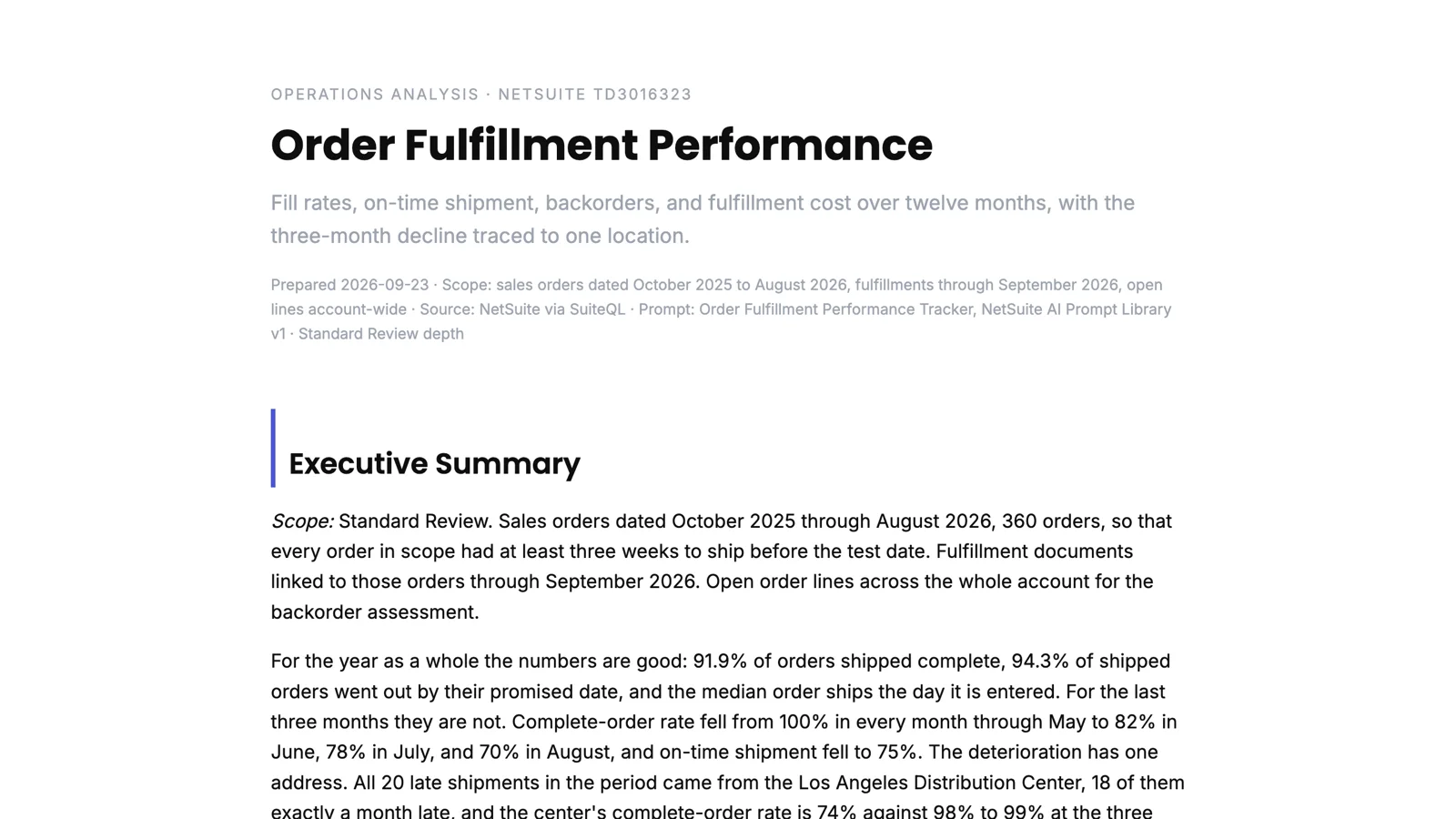 The top of the Order Fulfillment Performance report: order fill rate 91.9 percent, on-time shipment 94.3 percent, August fill rate 70 percent, and 222 open lines