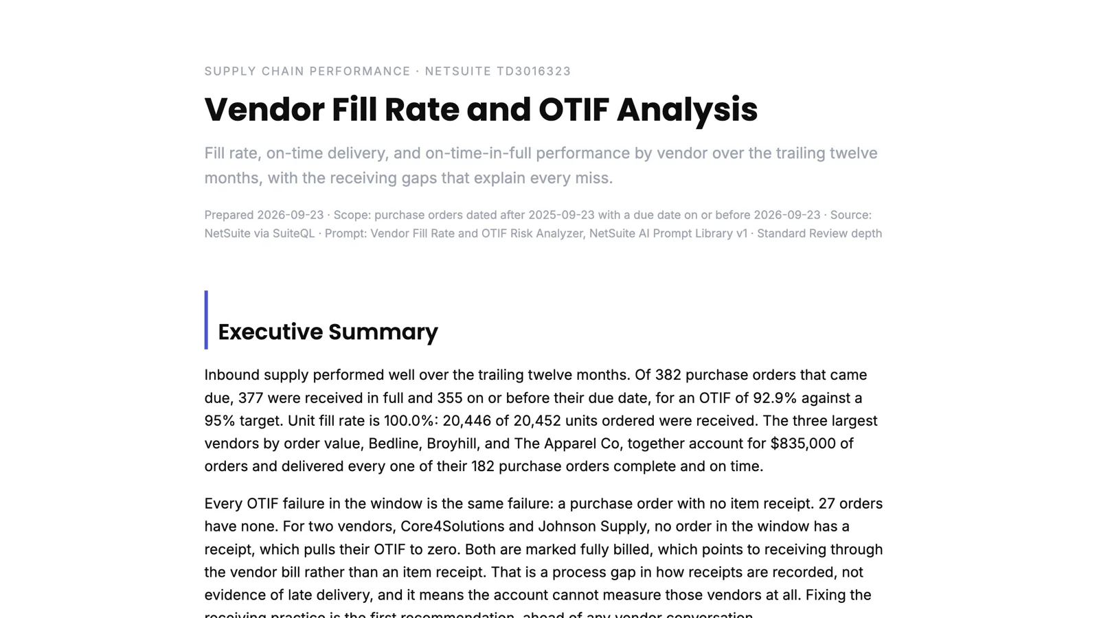 The top of the Vendor Fill Rate and OTIF Analysis report: OTIF 92.9 percent against a 95 percent target, in-full 98.7 percent, on-time 92.9 percent, and 27 purchase orders without a receipt