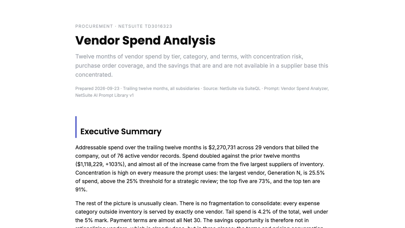 The top of the Vendor Spend Analysis: 2.27 million of spend across 29 vendors, up 103 percent, with the largest vendor at 25.5 percent and the top five at 73 percent