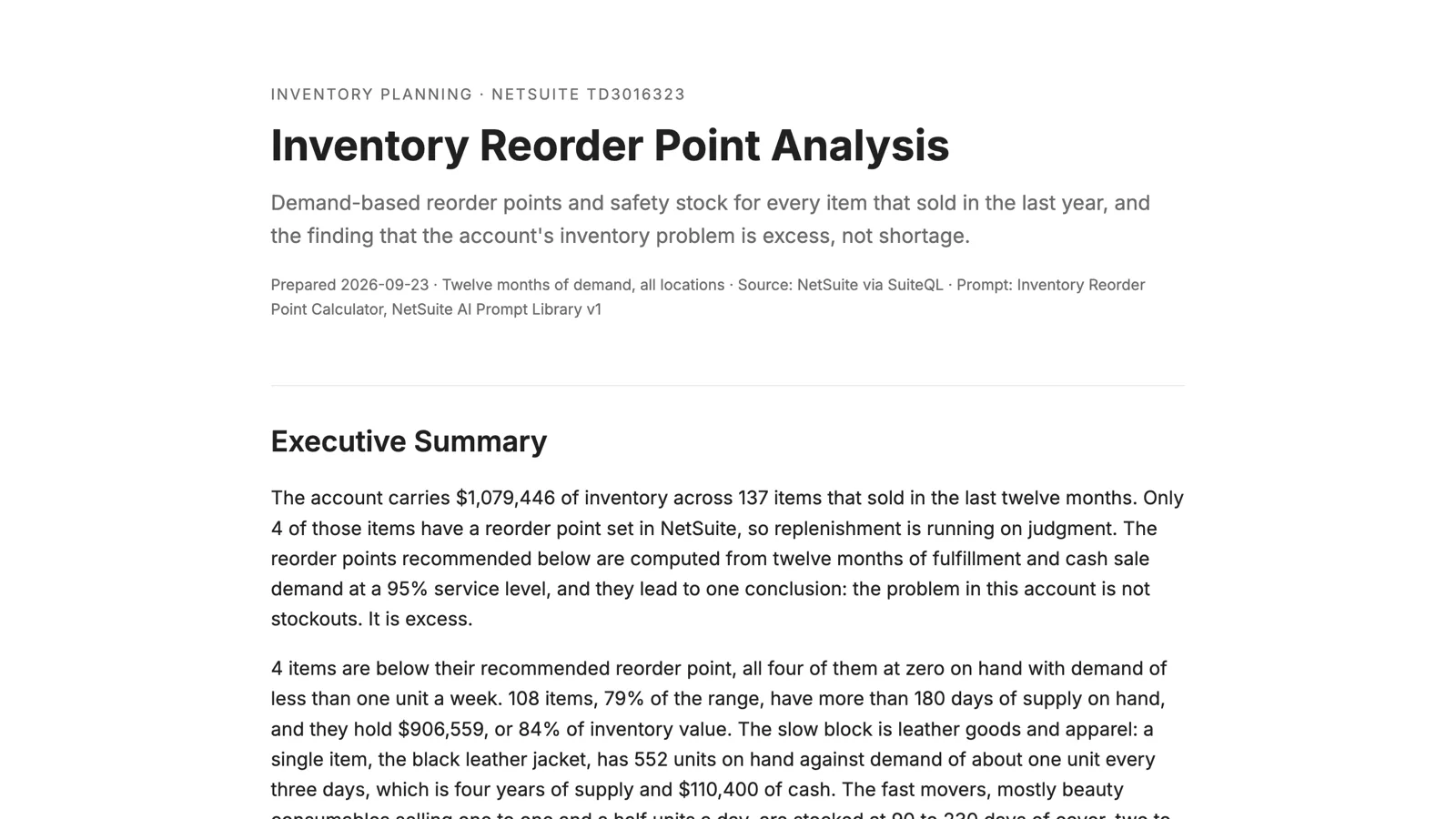The top of the Inventory Reorder Point Analysis: 137 items analyzed, 4 below their reorder point, 108 with more than 180 days of supply, and 907 thousand dollars in excess stock