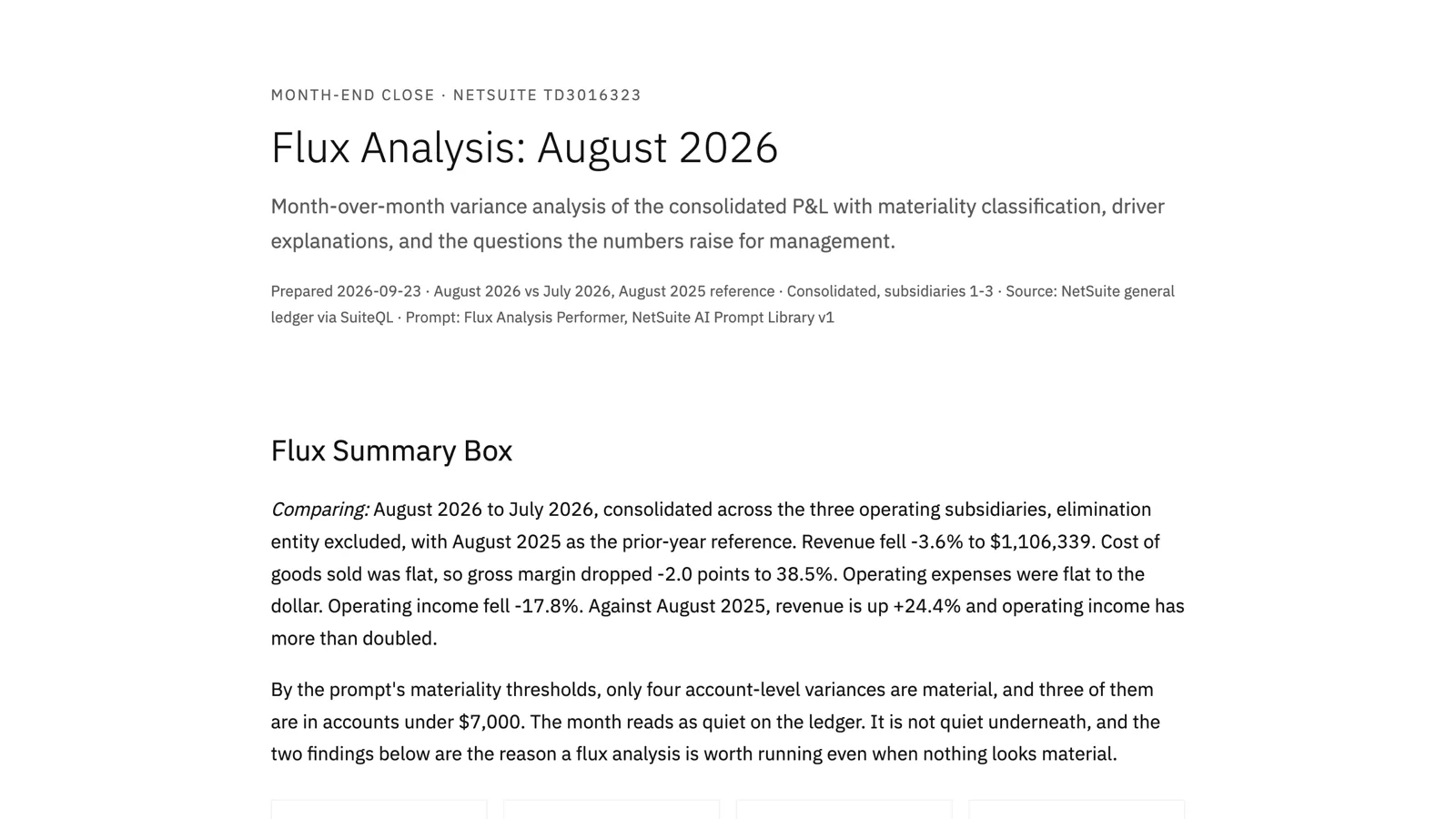 The top of the August 2026 Flux Analysis: revenue down 3.6 percent from July, gross margin 38.5 percent, operating income down 17.8 percent, and four material variances