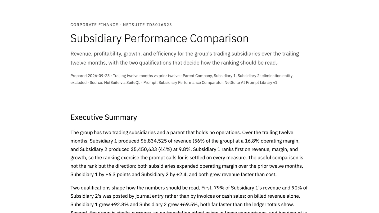 The top of the Subsidiary Performance Comparison: group revenue of 12.3 million, Subsidiary 1 at a 16.8 percent operating margin, Subsidiary 2 at 9.8 percent, and billed revenue growth of 93 and 70 percent