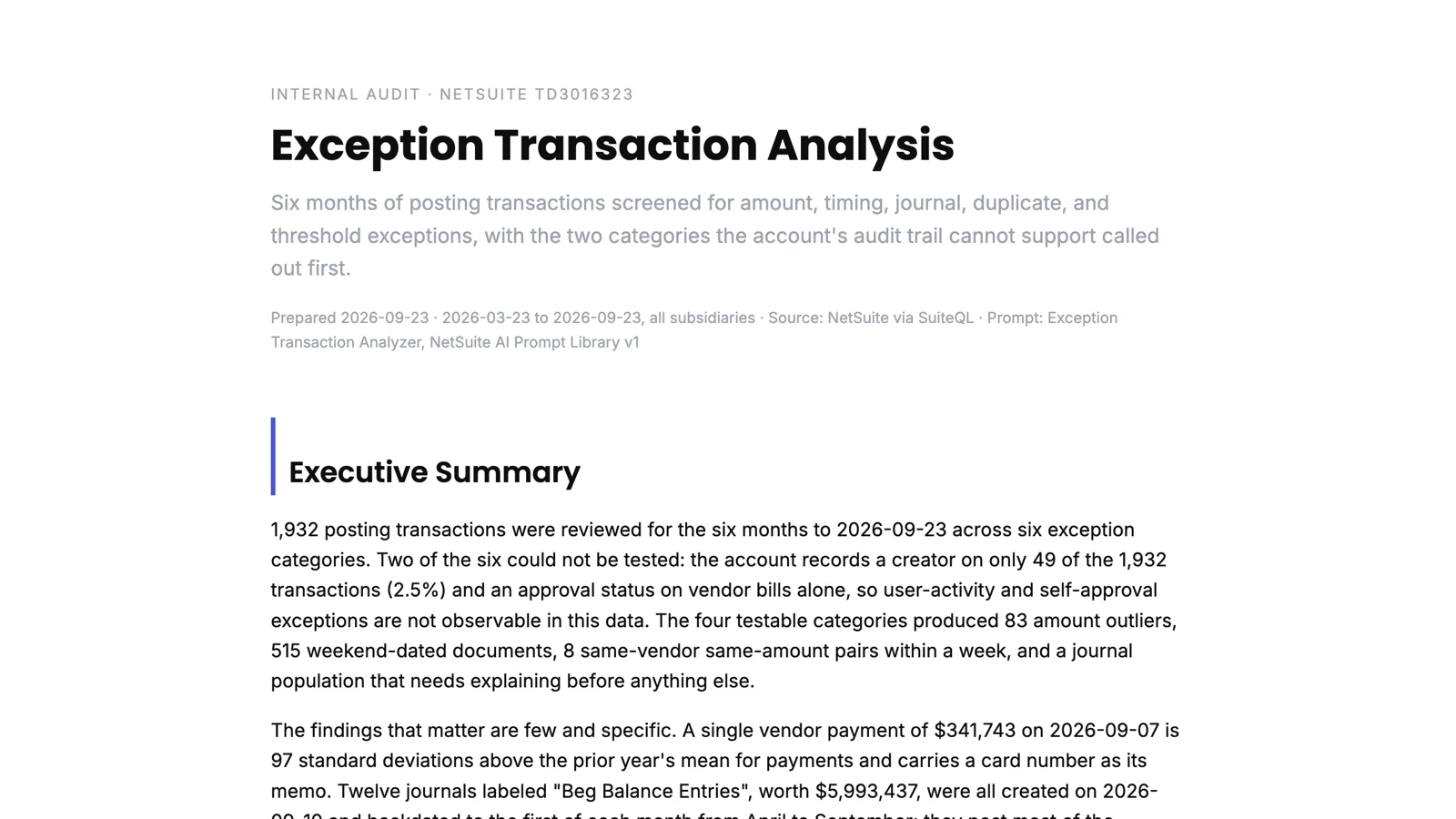 The top of the Exception Transaction Analysis: 1,932 transactions reviewed, 83 amount outliers, a creator recorded on 2.5 percent of records, and 22 backdated journals