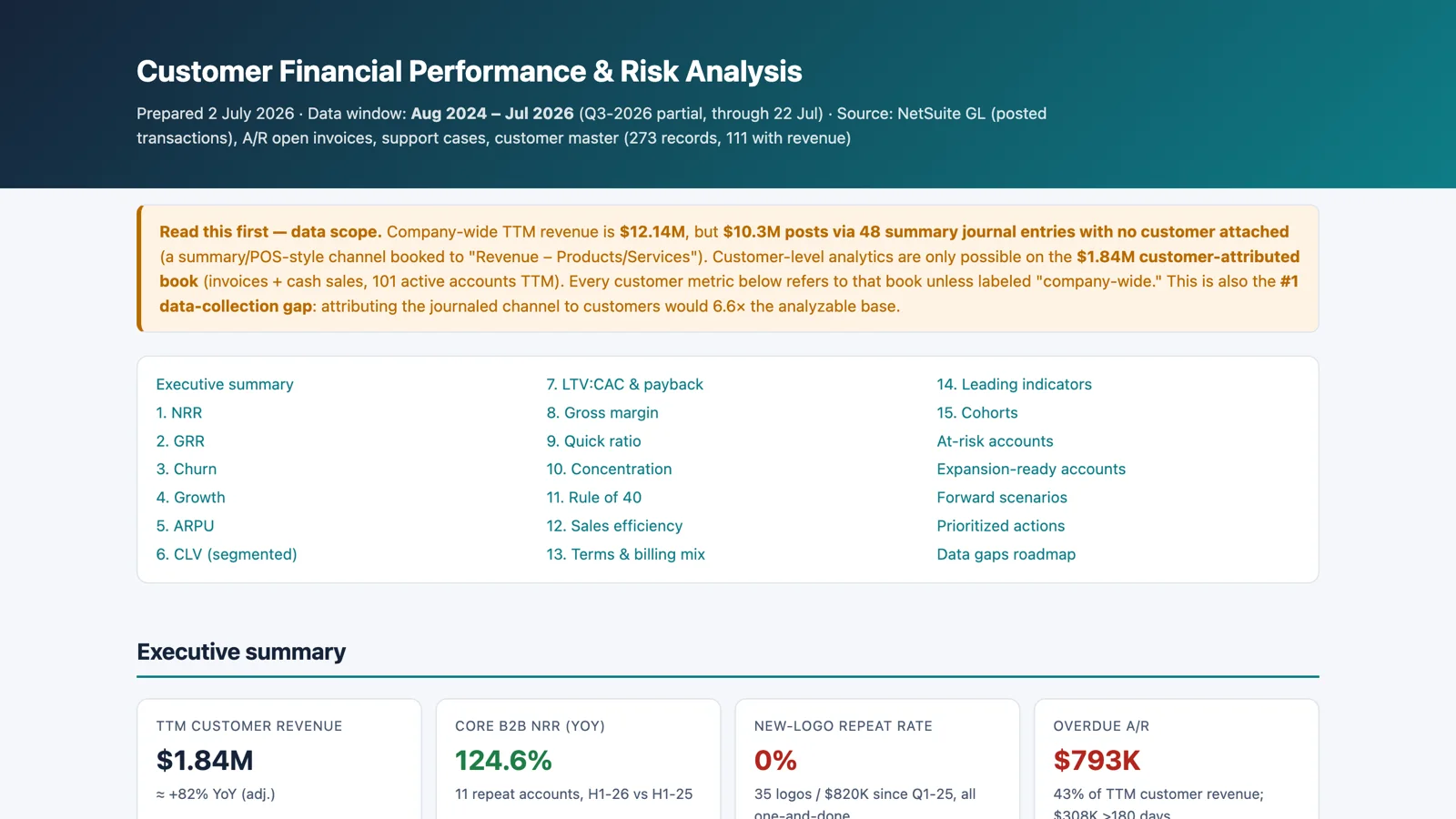 The Customer Financial Performance and Risk Analysis report: trailing-twelve-month customer revenue, net revenue retention, new-logo repeat rate, overdue receivables, and concentration, with the data-scope note up front