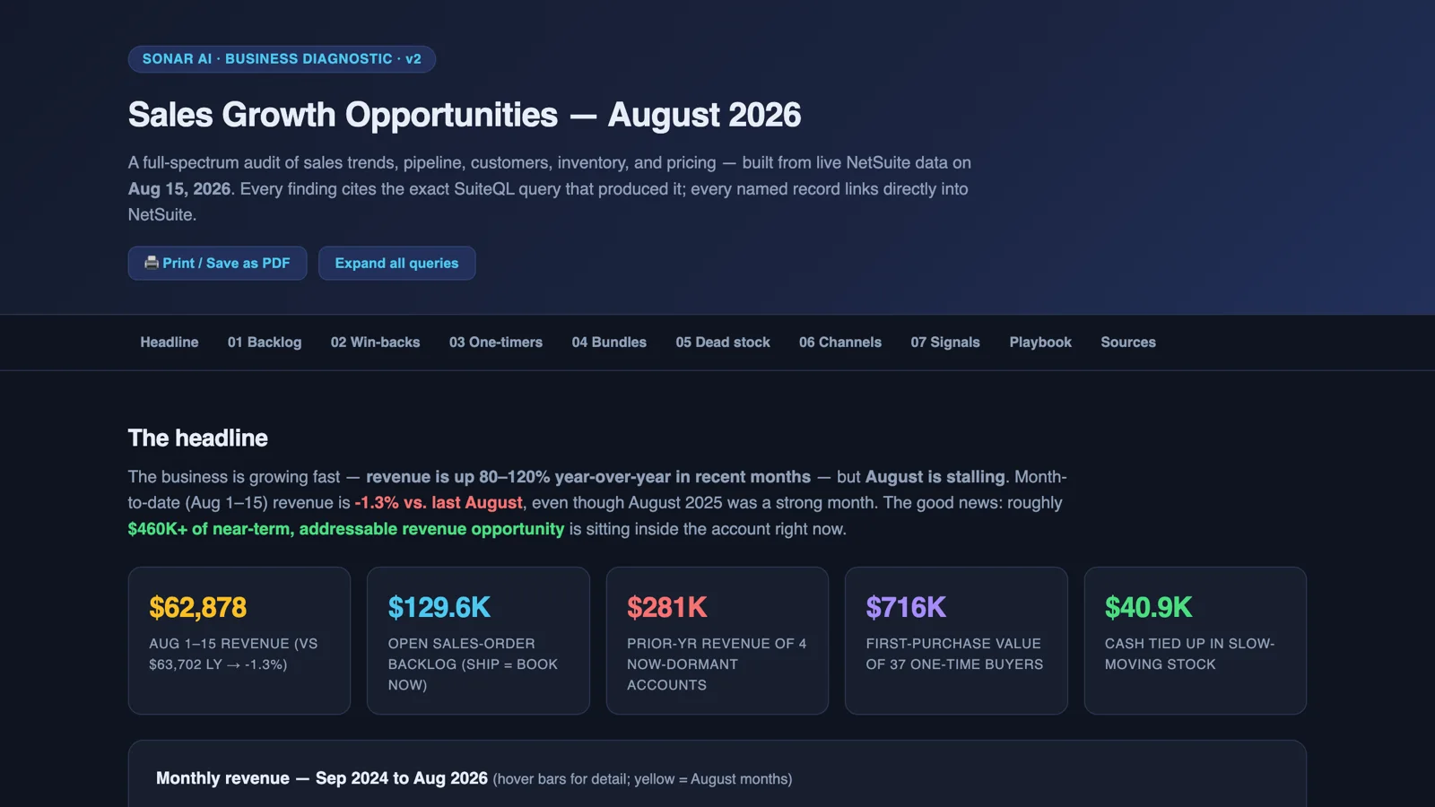 The Sales Growth Opportunity Audit report: ranked, dollar-quantified growth opportunities with named work lists