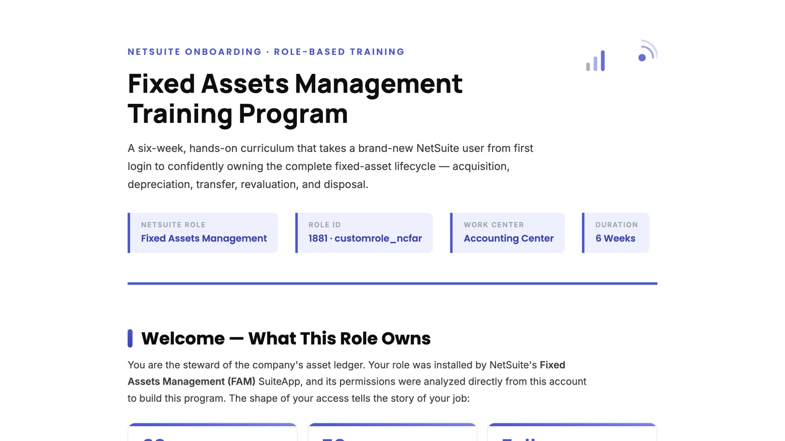 The top of the Fixed Assets Management Training Program: a six-week curriculum built from the role's 62 live permissions