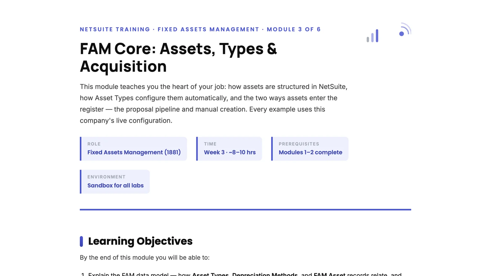 Module 3 of the training program: FAM Core, assets, types, and acquisition, with learning objectives scoped to the role's permissions