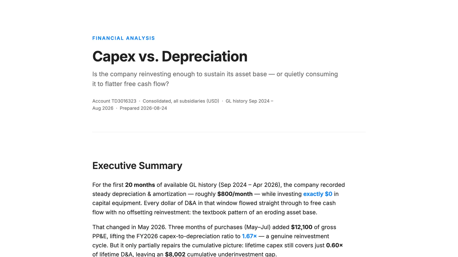 The Capex vs. Depreciation report: twenty months of depreciation with zero capital purchases, then a reinvestment cycle lifting the ratio to 1.67