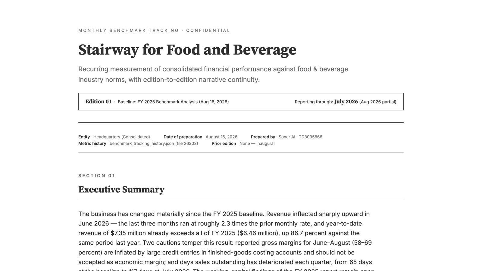 The top of Benchmark Tracking Edition 01: year-to-date revenue, growth, reported gross margin, days sales outstanding, inventory turns, and current ratio, each against its baseline or industry norm