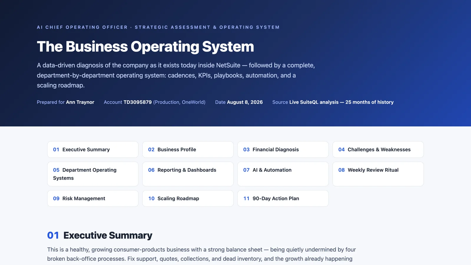 The AI COO report: a healthy, growing consumer-products business undermined by four broken back-office processes, with trailing revenue, gross margin, operating income, and cash