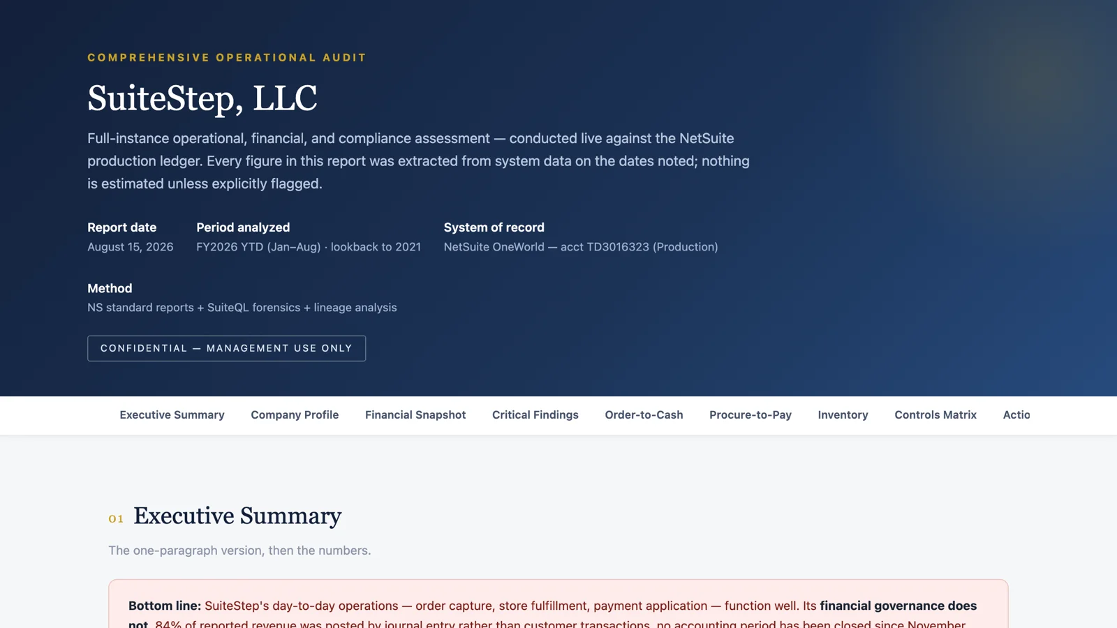 The Operational Audit report: 84 percent of revenue journal-posted, no period closed since 2021, 228 thousand dollars of unremitted sales tax, and a one million dollar gap between the GL and the item ledger