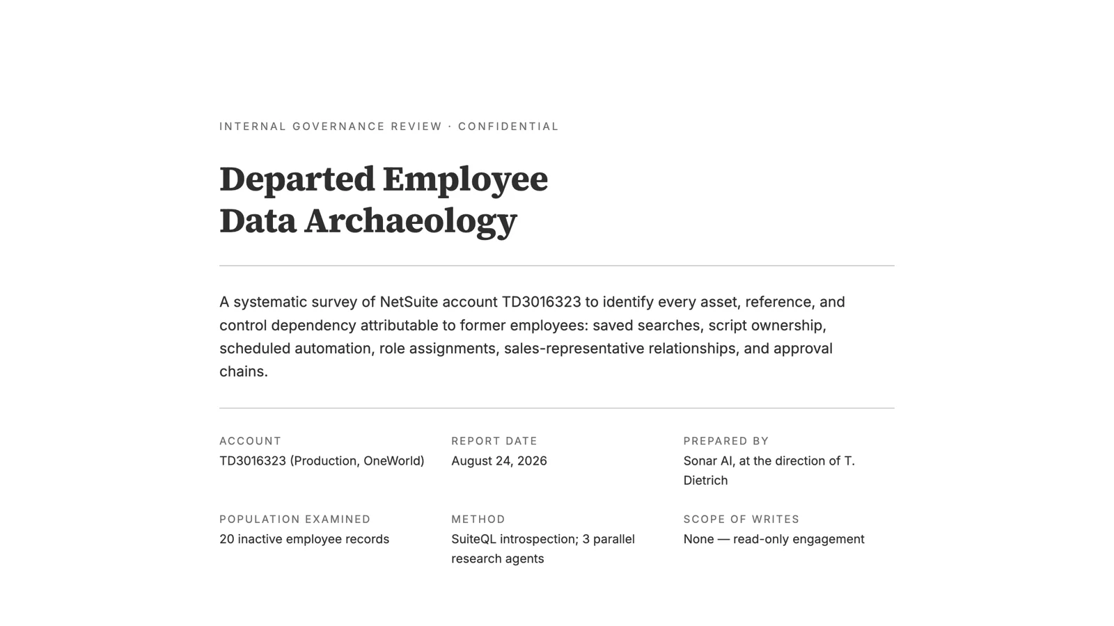The Departed Employee Data Archaeology report: 20 departed employees, 294 orphaned automation assets, four scheduled jobs still executing, and five of nine domains verified clean