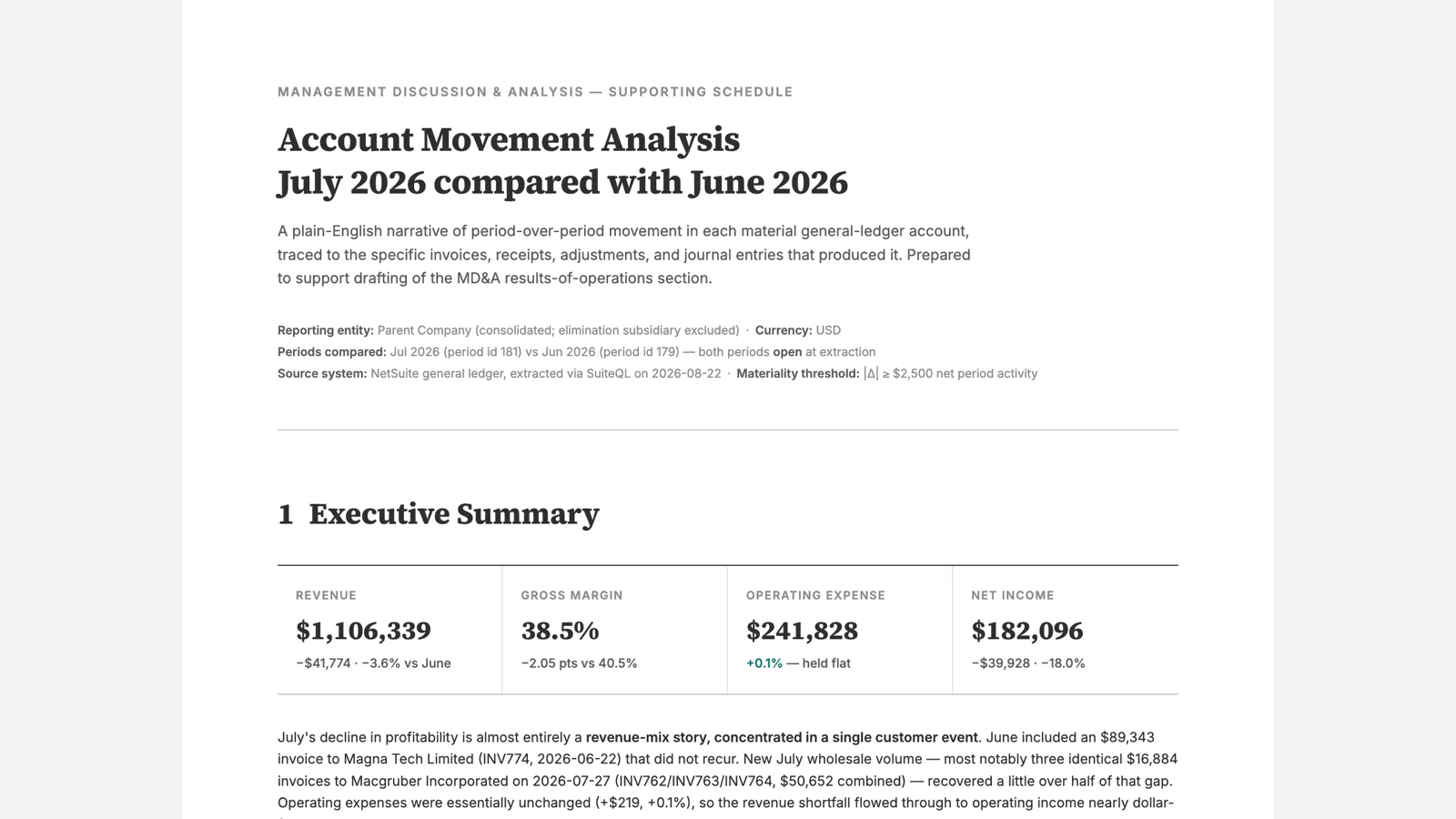 The Account Movement Analysis for July against June 2026: revenue, gross margin, operating expense, and net income, with the decline traced to a single June invoice that did not recur