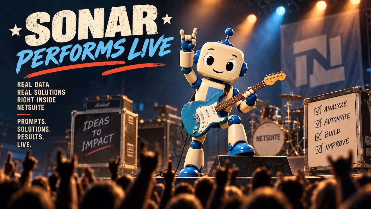 Sonar Performs Live: a robot playing guitar on stage in front of a crowd. Real data, real solutions, right inside NetSuite.