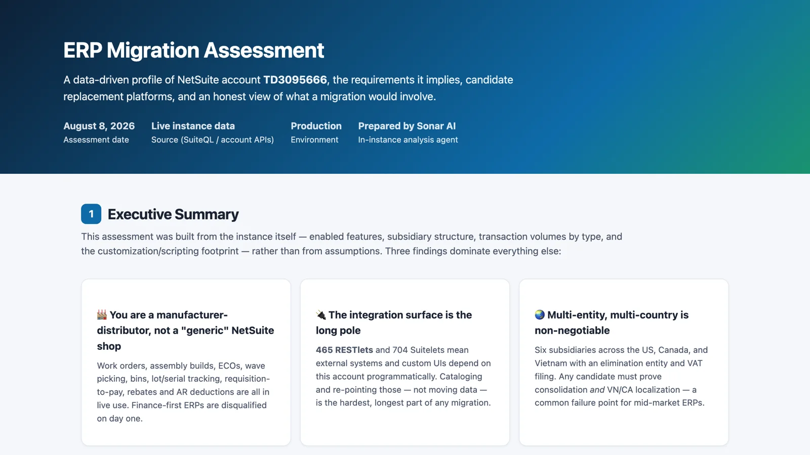 The ERP Migration Assessment: three findings that dominate, a manufacturer-distributor profile, 465 RESTlets and 704 Suitelets as the long pole, and six subsidiaries across three countries