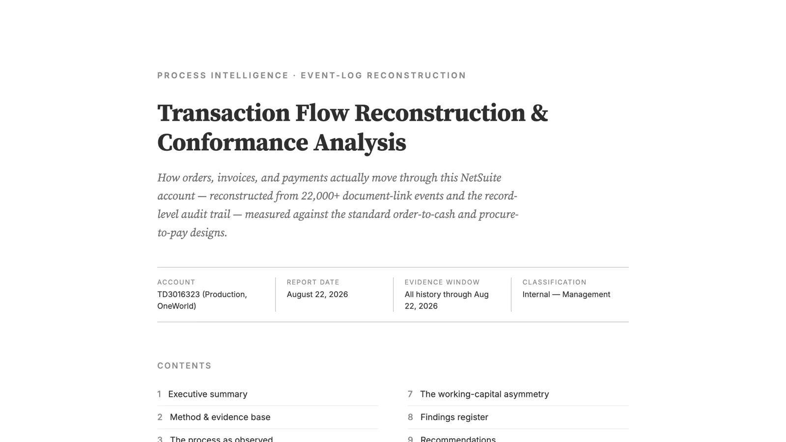 The Transaction Flow Reconstruction report: how orders, invoices, and payments move through the account, reconstructed from more than 22,000 document-link events