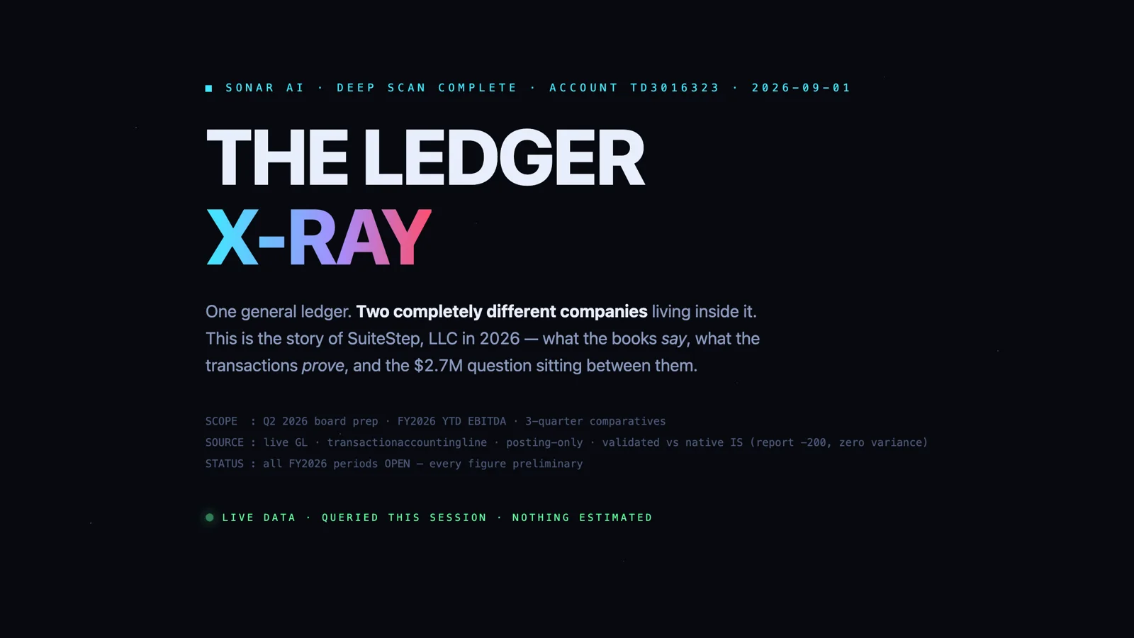 Opening screen of The Ledger X-Ray sample report: one general ledger, two completely different companies living inside it
