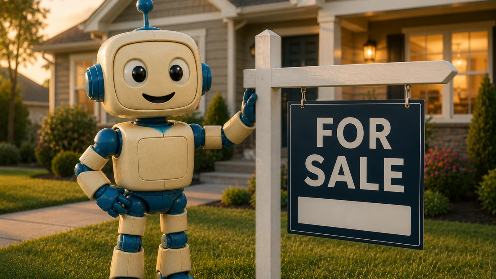 A friendly cream and blue robot standing on a front lawn at sunset, one hand resting on a white post that holds a navy For Sale sign, with a gray craftsman house behind it