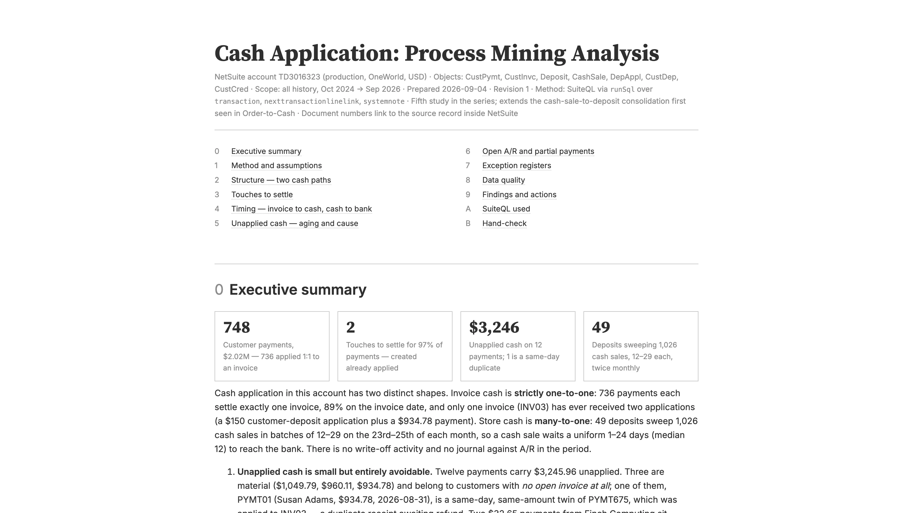 The top of the Cash Application Process Mining sample report, with the executive summary tiles: 748 customer payments, 2 touches to settle for 97% of payments, $3,246 unapplied on 12 payments, and 49 deposits sweeping 1,026 cash sales.
