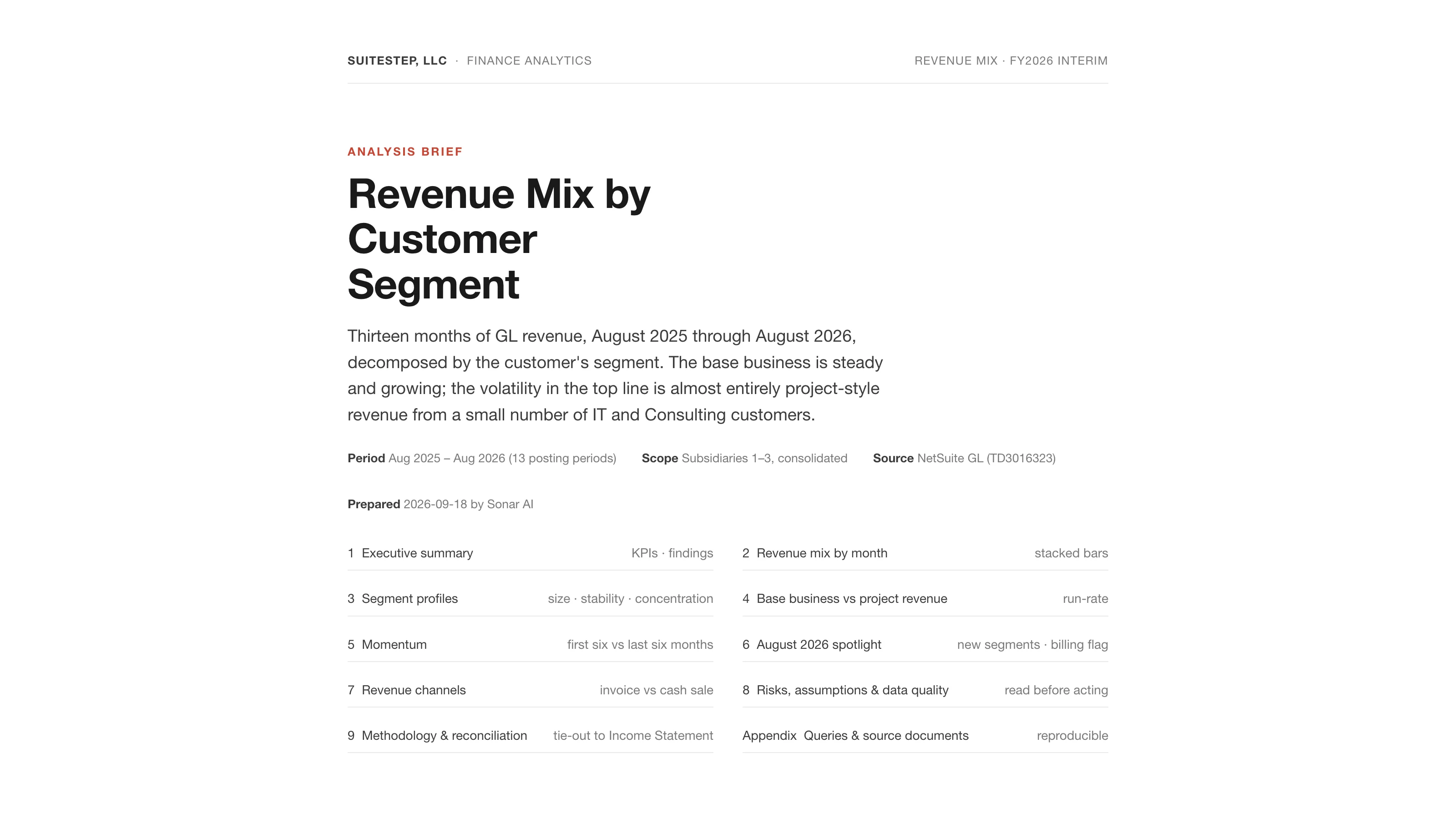 The top of the Revenue Mix by Customer Segment sample report, an analysis brief covering thirteen posting periods, with the period, scope, source, and preparation lines.